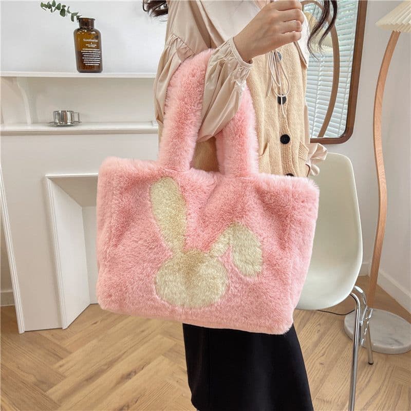 image-Cute Cartoon Rabbit Ears Plush Bag Autumn And Winter Shoulder Bag Shopping Handbags Large Capacity Personalized Tote Bags For Women