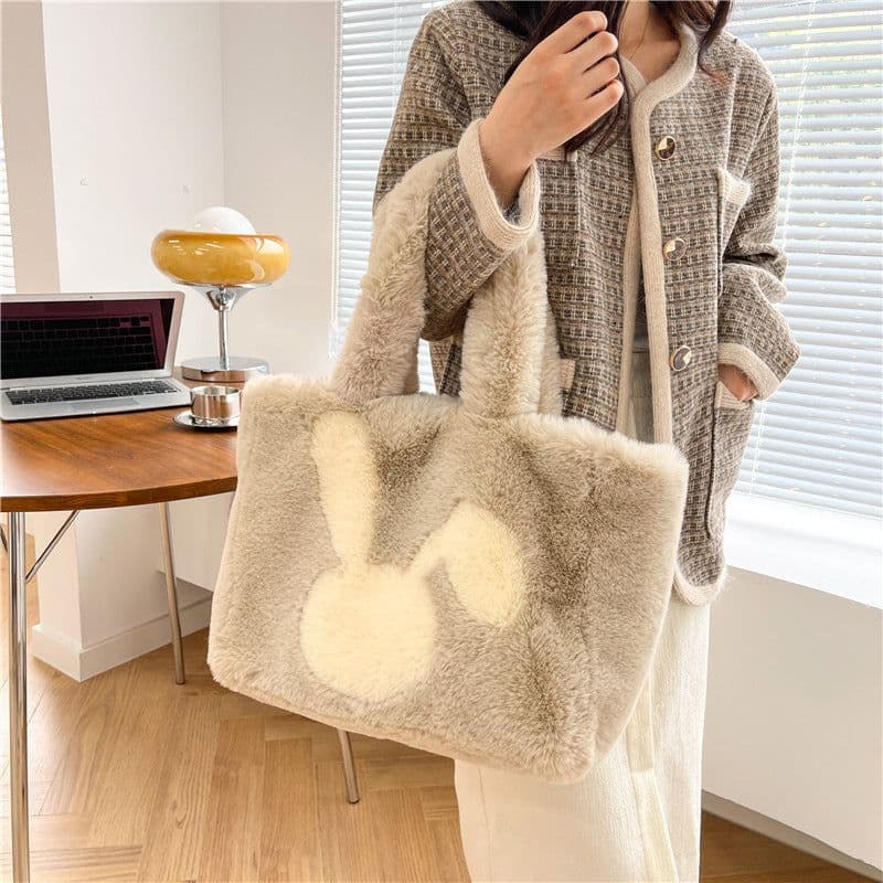 image-Cute Cartoon Rabbit Ears Plush Bag Autumn And Winter Shoulder Bag Shopping Handbags Large Capacity Personalized Tote Bags For Women