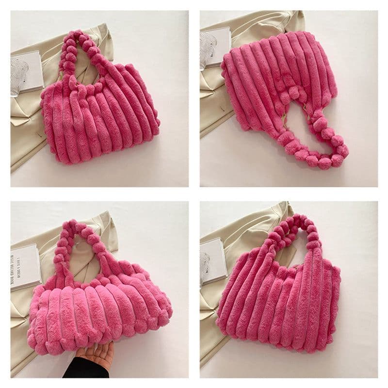 image-Striped Design Plush Bag Winter Fashion Shoulder Armpit Bags Large Capacity Furry Handbags Portable Cute Shopping Tote Bag