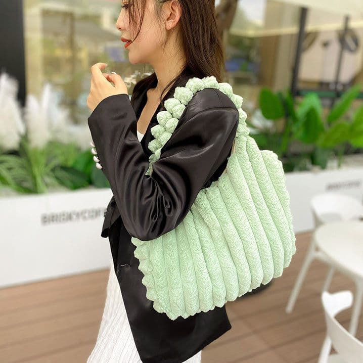 image-Striped Design Plush Bag Winter Fashion Shoulder Armpit Bags Large Capacity Furry Handbags Portable Cute Shopping Tote Bag