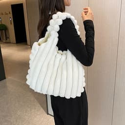 image-Striped Design Plush Bag Winter Fashion Shoulder Armpit Bags Large Capacity Furry Handbags Portable Cute Shopping Tote Bag