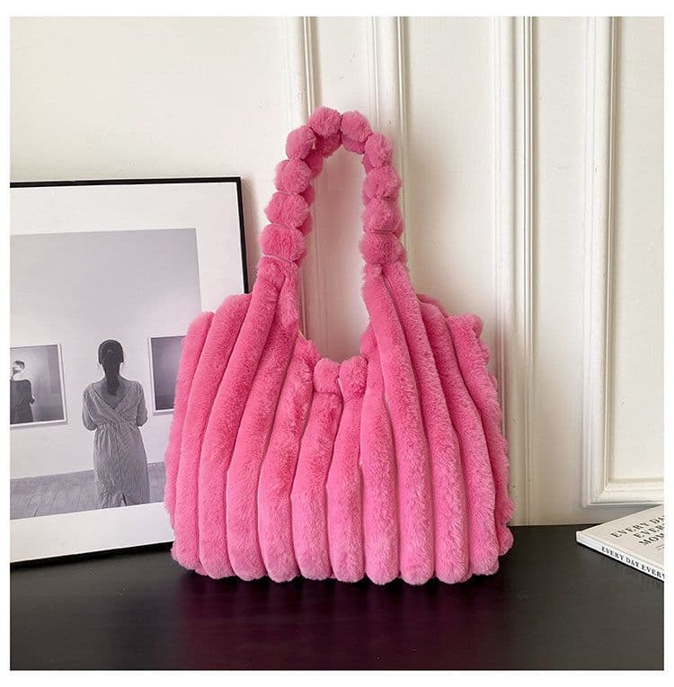 image-Striped Design Plush Bag Winter Fashion Shoulder Armpit Bags Large Capacity Furry Handbags Portable Cute Shopping Tote Bag