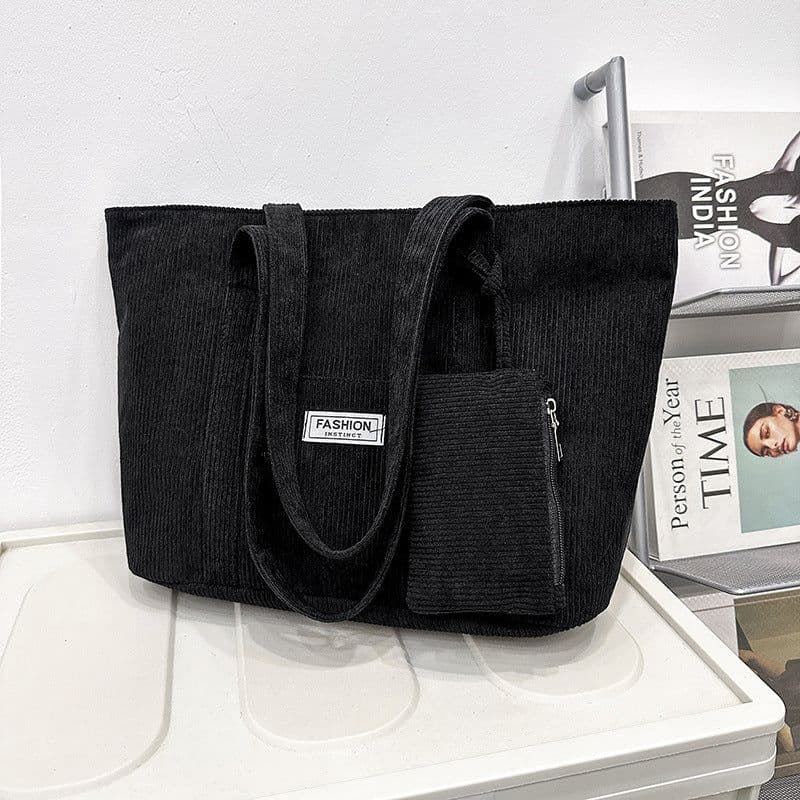 image-Large-capacity Corduroy Shoulder Bag With Small Woman Purses Composite Bag Solid Color Handbags For Women Winter And Spring