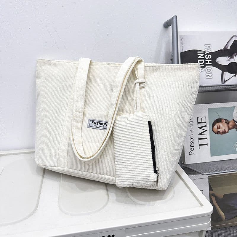 image-Large-capacity Corduroy Shoulder Bag With Small Woman Purses Composite Bag Solid Color Handbags For Women Winter And Spring
