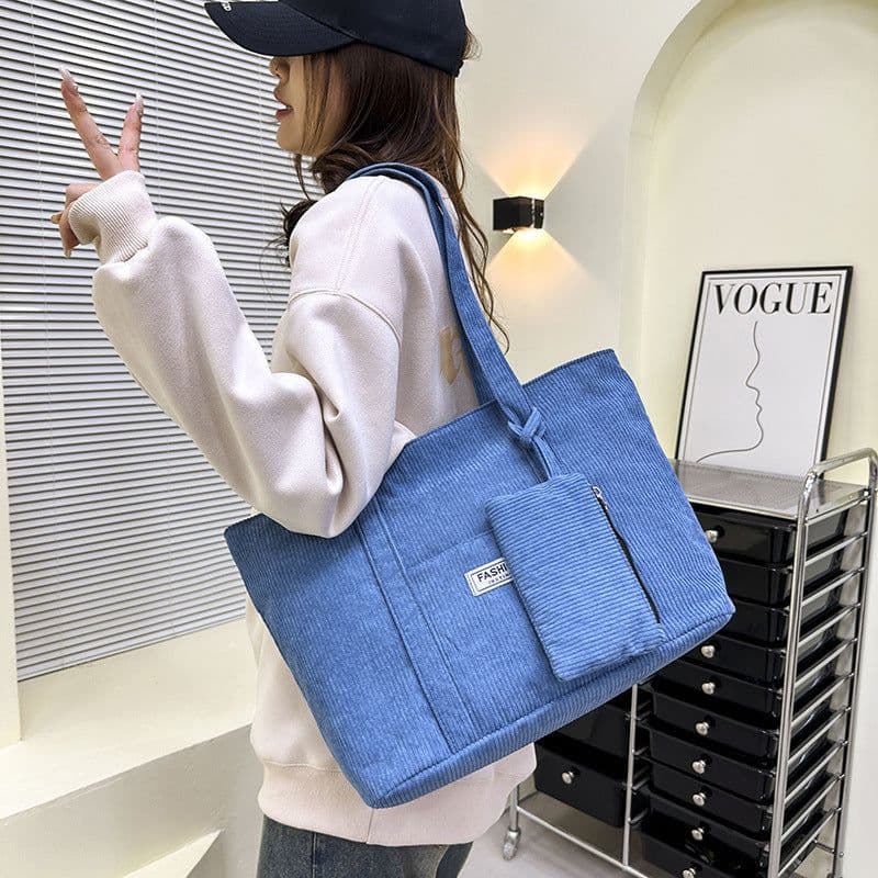 image-Large-capacity Corduroy Shoulder Bag With Small Woman Purses Composite Bag Solid Color Handbags For Women Winter And Spring