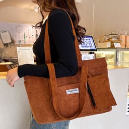 image-Large-capacity Corduroy Shoulder Bag With Small Woman Purses Composite Bag Solid Color Handbags For Women Winter And Spring