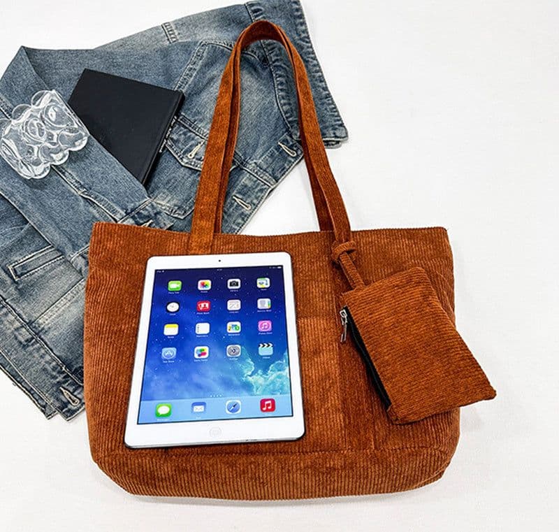 image-Large-capacity Corduroy Shoulder Bag With Small Woman Purses Composite Bag Solid Color Handbags For Women Winter And Spring