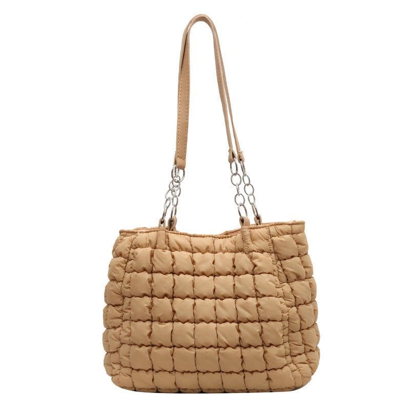 image-Chain Plaid Down Hanbags Large Capacity Bubble Designer Tote Bag Women's Autumn And Winter Fashion Pleated Armpit Shoulder Bag