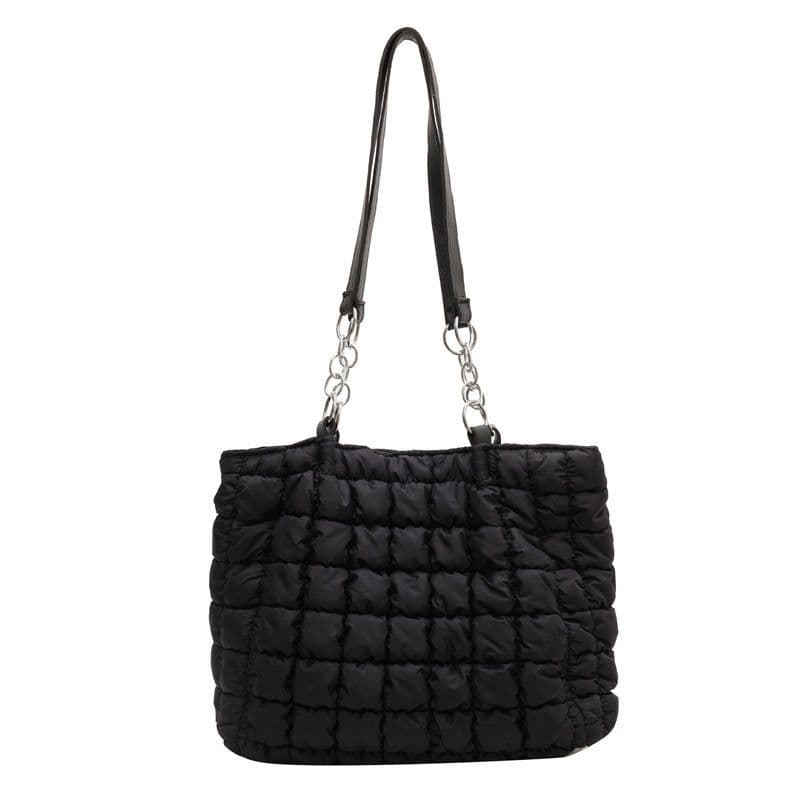 image-Chain Plaid Down Hanbags Large Capacity Bubble Designer Tote Bag Women's Autumn And Winter Fashion Pleated Armpit Shoulder Bag