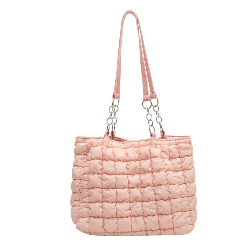 image-Chain Plaid Down Hanbags Large Capacity Bubble Designer Tote Bag Women's Autumn And Winter Fashion Pleated Armpit Shoulder Bag