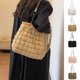 image-Chain Plaid Down Hanbags Large Capacity Bubble Designer Tote Bag Women's Autumn And Winter Fashion Pleated Armpit Shoulder Bag