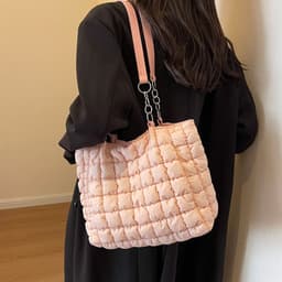 image-Chain Plaid Down Hanbags Large Capacity Bubble Designer Tote Bag Women's Autumn And Winter Fashion Pleated Armpit Shoulder Bag