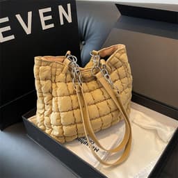 image-Chain Plaid Down Hanbags Large Capacity Bubble Designer Tote Bag Women's Autumn And Winter Fashion Pleated Armpit Shoulder Bag