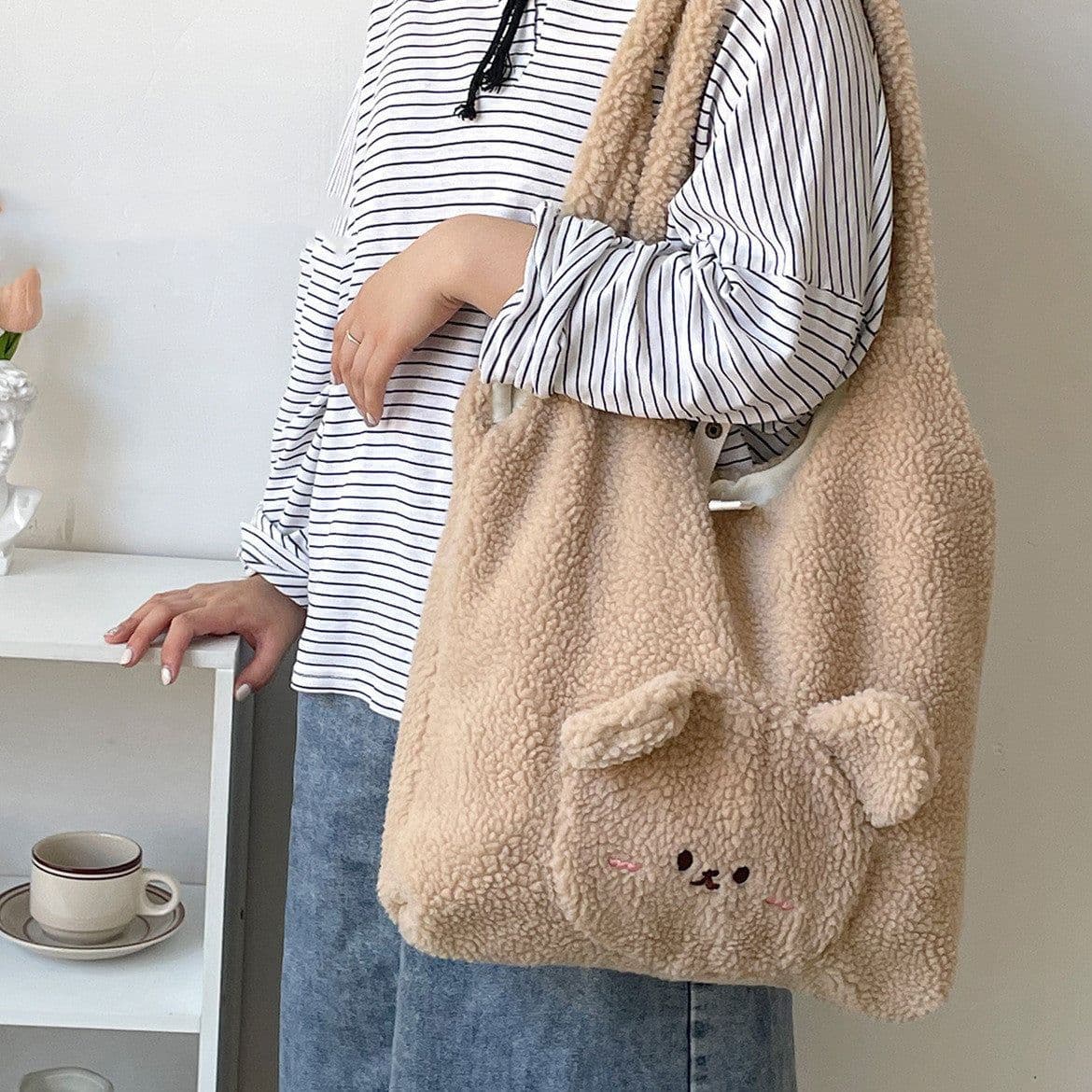 image-Personalized Bag For Women 3D Cartoon Bear Lamb Wool Shoulder Bag Winter High Capacity Daily Shopping Bags Girls College Style Handbags