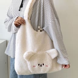 image-Personalized Bag For Women 3D Cartoon Bear Lamb Wool Shoulder Bag Winter High Capacity Daily Shopping Bags Girls College Style Handbags