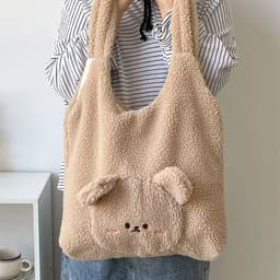 image-Personalized Bag For Women 3D Cartoon Bear Lamb Wool Shoulder Bag Winter High Capacity Daily Shopping Bags Girls College Style Handbags
