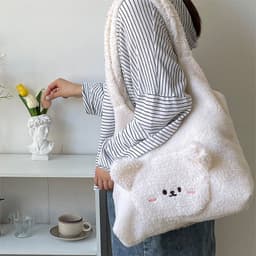 image-Personalized Bag For Women 3D Cartoon Bear Lamb Wool Shoulder Bag Winter High Capacity Daily Shopping Bags Girls College Style Handbags