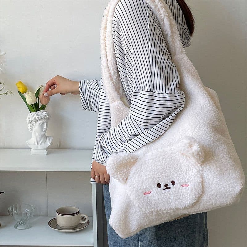 image-Personalized Bag For Women 3D Cartoon Bear Lamb Wool Shoulder Bag Winter High Capacity Daily Shopping Bags Girls College Style Handbags