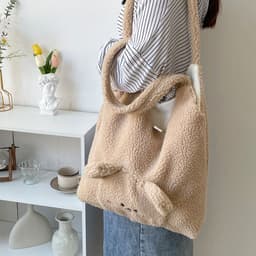 image-Personalized Bag For Women 3D Cartoon Bear Lamb Wool Shoulder Bag Winter High Capacity Daily Shopping Bags Girls College Style Handbags