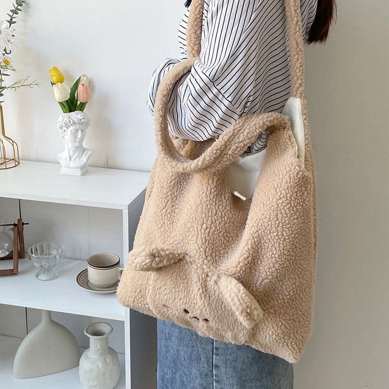 image-Personalized Bag For Women 3D Cartoon Bear Lamb Wool Shoulder Bag Winter High Capacity Daily Shopping Bags Girls College Style Handbags