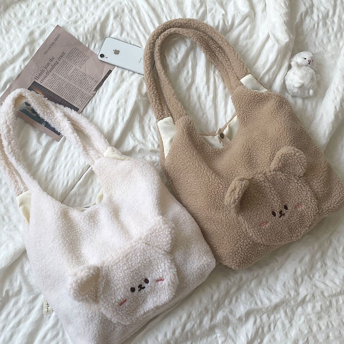 image-Personalized Bag For Women 3D Cartoon Bear Lamb Wool Shoulder Bag Winter High Capacity Daily Shopping Bags Girls College Style Handbags