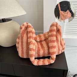 image-Large-capacity Striped Plush Bag Winter New Fashion Portable Tote Shoulder Bags Shopping Furry Handbags For Women