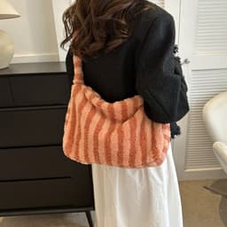 image-Large-capacity Striped Plush Bag Winter New Fashion Portable Tote Shoulder Bags Shopping Furry Handbags For Women