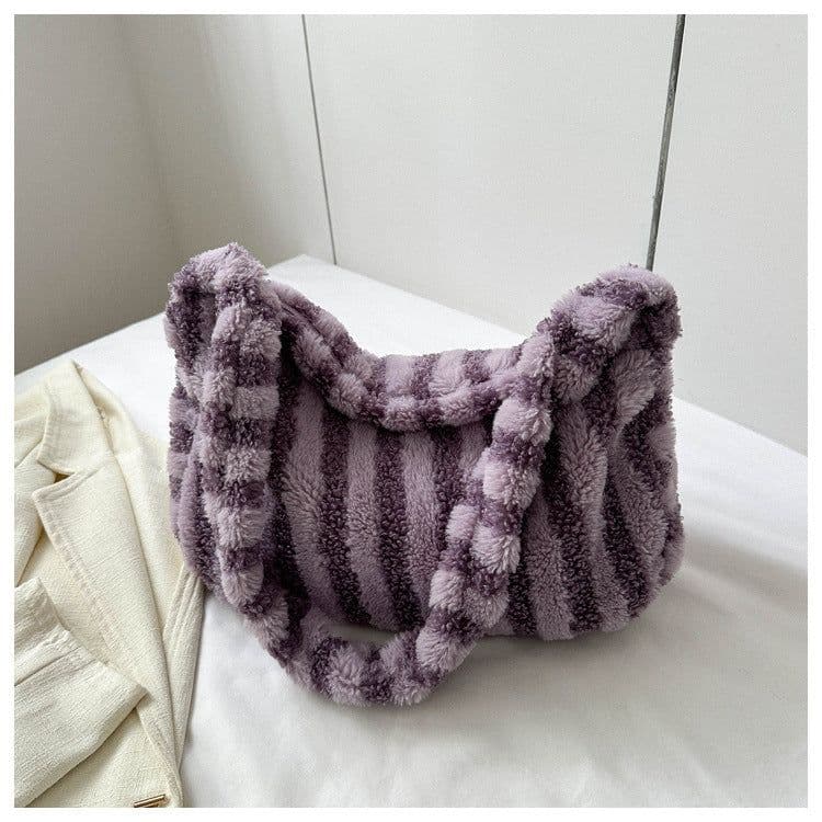 image-Large-capacity Striped Plush Bag Winter New Fashion Portable Tote Shoulder Bags Shopping Furry Handbags For Women