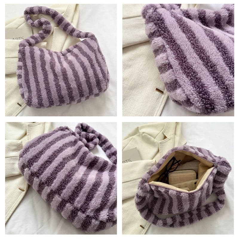 image-Large-capacity Striped Plush Bag Winter New Fashion Portable Tote Shoulder Bags Shopping Furry Handbags For Women