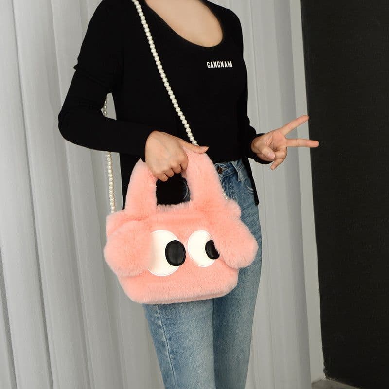 image-Cute Cartoon Big Eyes Dog Plush Bags For Women Winter Fashion Chains Handbags Designer Personalized Shoulder Crossbody Bag