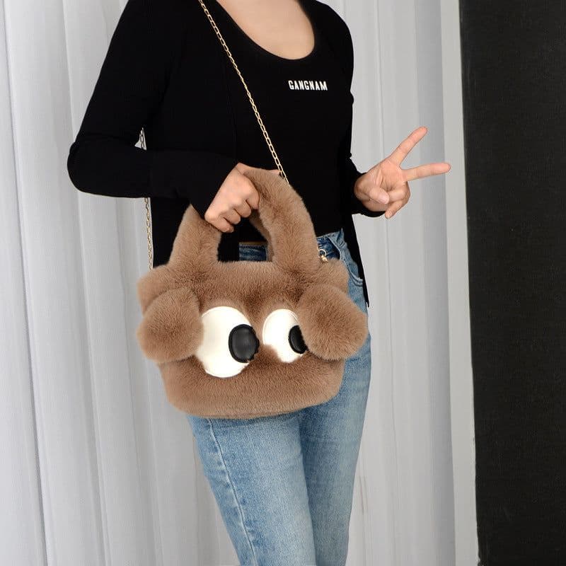 image-Cute Cartoon Big Eyes Dog Plush Bags For Women Winter Fashion Chains Handbags Designer Personalized Shoulder Crossbody Bag