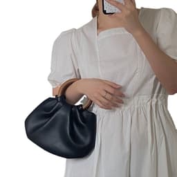 image-Wooden Handle Hand Holding Women's Shoulder Crossbody Wrinkled Bag