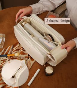 image-Three-layer Double Zipper U-shaped Design Cosmetic Bag Fashion High Capacity Make Up Bags Portable Pu Leather Storage Bag For Skin Care Products