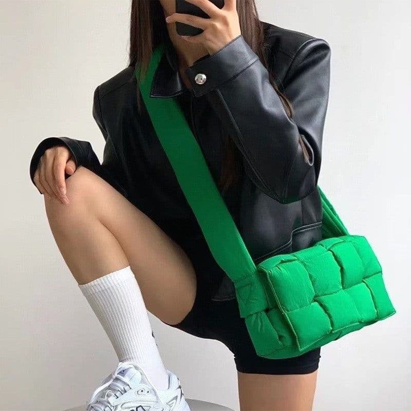 image-Single Shoulder Crossbody Sponge Woven Diamond Plaid Pillow Bag