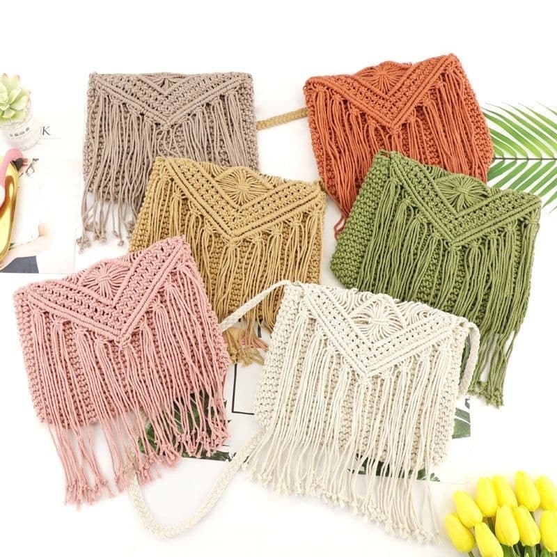 image-Hand-tied Cotton Tassel Flip Straw One Shoulder Crossbody Woven Bag
