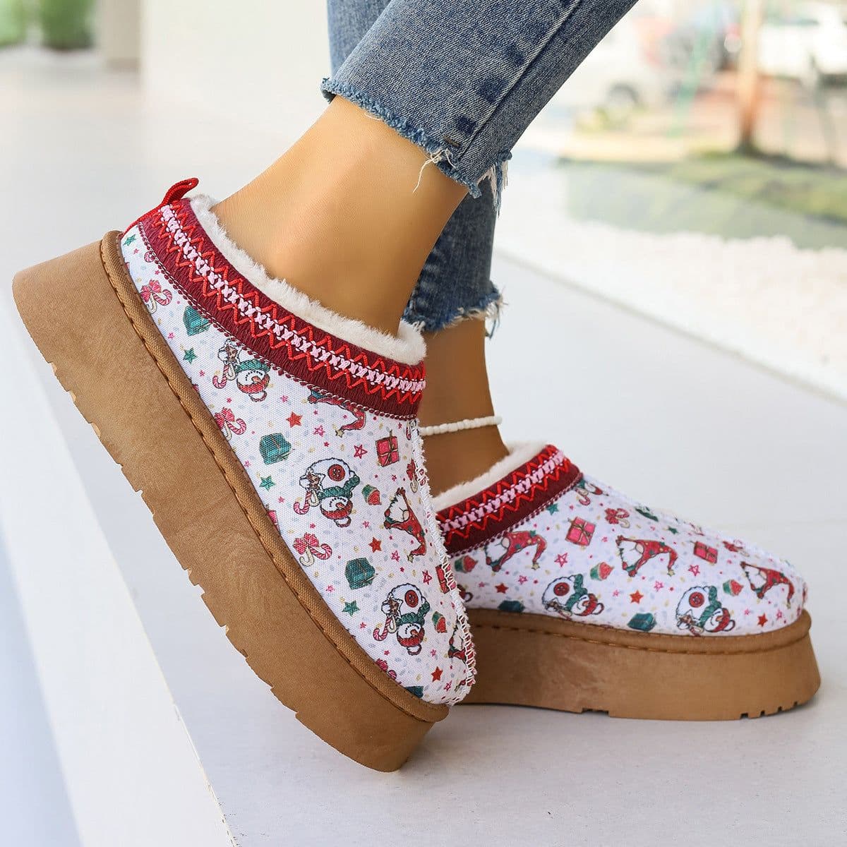 image-Women's Cartoon Christmas Print Ankle Boots Casual Slip On Plush Lined Home Shoes Comfortable Winter Short Boots