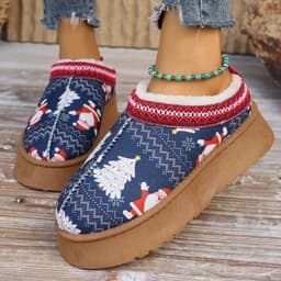 image-Women's Cartoon Christmas Print Ankle Boots Casual Slip On Plush Lined Home Shoes Comfortable Winter Short Boots