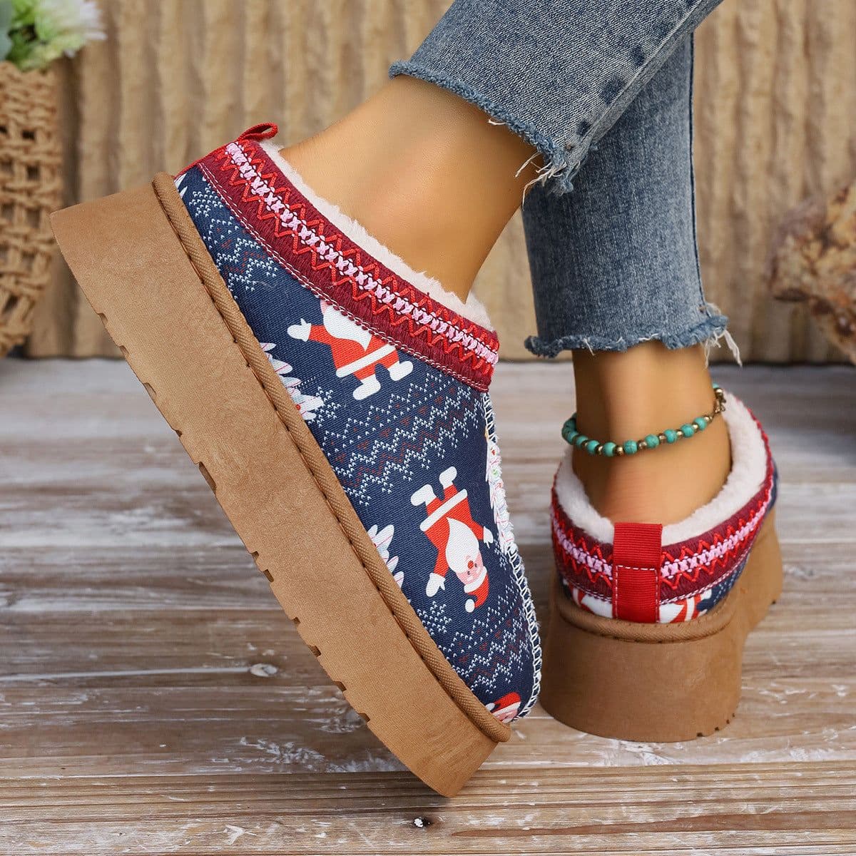 image-Women's Cartoon Christmas Print Ankle Boots Casual Slip On Plush Lined Home Shoes Comfortable Winter Short Boots