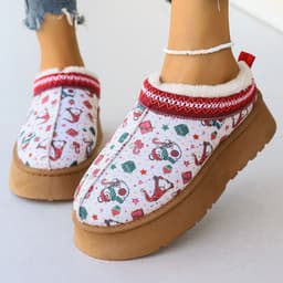 image-Women's Cartoon Christmas Print Ankle Boots Casual Slip On Plush Lined Home Shoes Comfortable Winter Short Boots