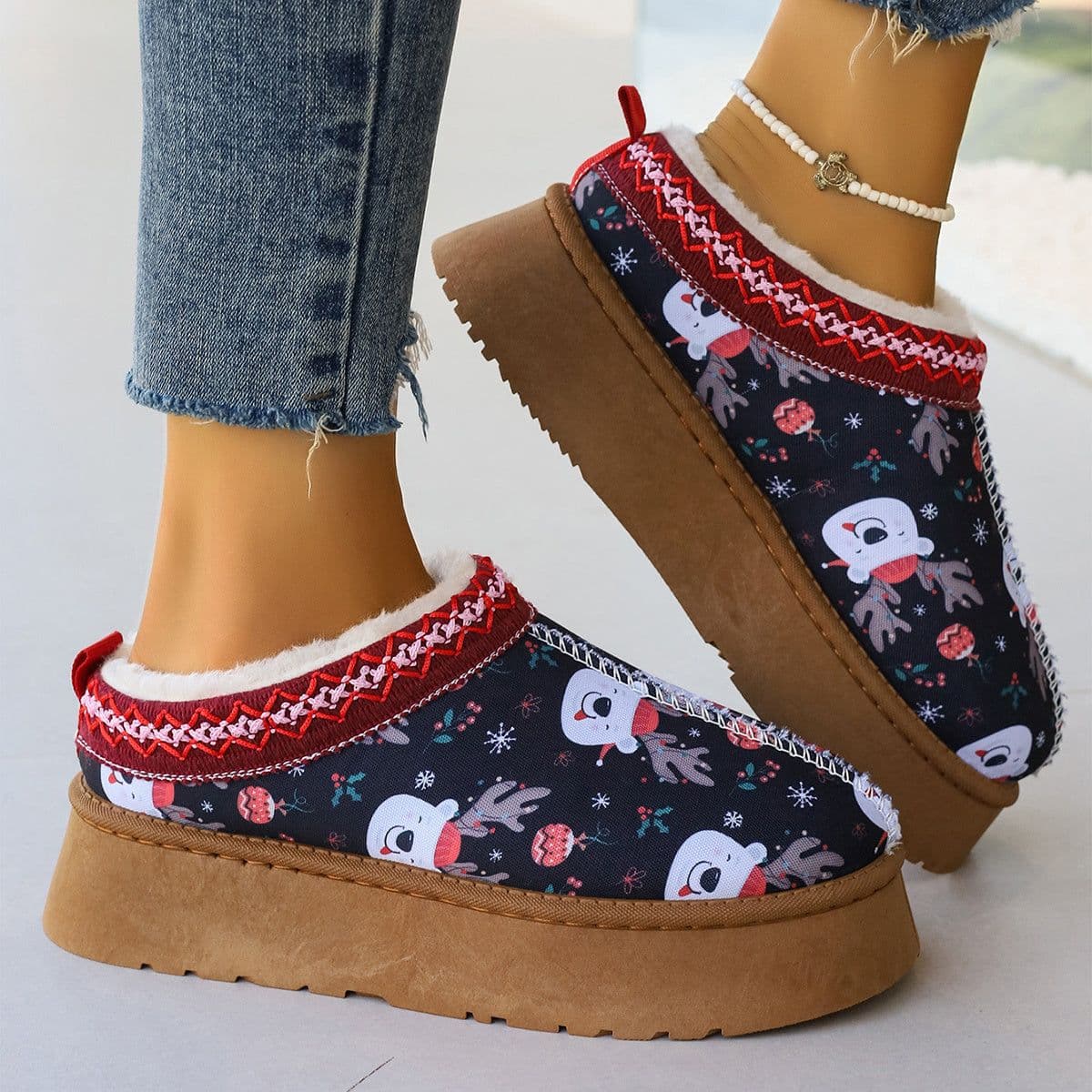image-Women's Cartoon Christmas Print Ankle Boots Casual Slip On Plush Lined Home Shoes Comfortable Winter Short Boots