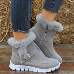 image-New Snow Boots Winter Warm Thickened Solid Color Plush Ankle Boots With Buckle Design Plus Velvet Flat Shoes For Women