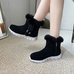 image-New Snow Boots Winter Warm Thickened Solid Color Plush Ankle Boots With Buckle Design Plus Velvet Flat Shoes For Women