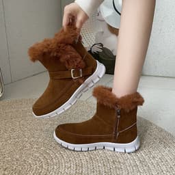 image-New Snow Boots Winter Warm Thickened Solid Color Plush Ankle Boots With Buckle Design Plus Velvet Flat Shoes For Women