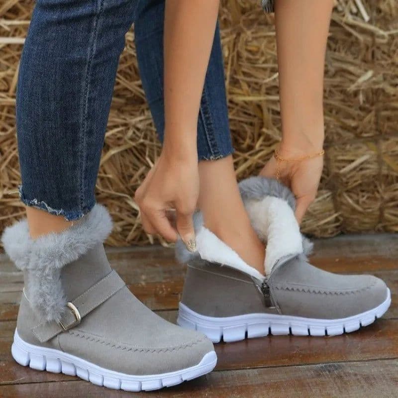 image-New Snow Boots Winter Warm Thickened Solid Color Plush Ankle Boots With Buckle Design Plus Velvet Flat Shoes For Women