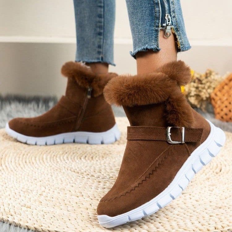 image-New Snow Boots Winter Warm Thickened Solid Color Plush Ankle Boots With Buckle Design Plus Velvet Flat Shoes For Women