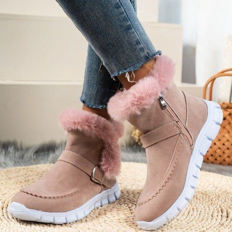 image-New Snow Boots Winter Warm Thickened Solid Color Plush Ankle Boots With Buckle Design Plus Velvet Flat Shoes For Women