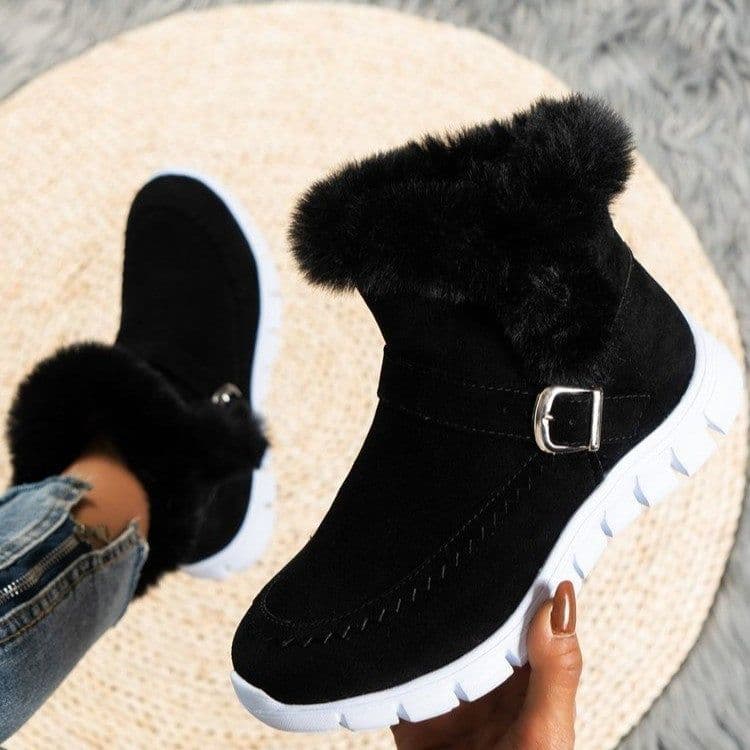image-New Snow Boots Winter Warm Thickened Solid Color Plush Ankle Boots With Buckle Design Plus Velvet Flat Shoes For Women