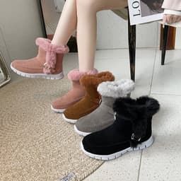 image-New Snow Boots Winter Warm Thickened Solid Color Plush Ankle Boots With Buckle Design Plus Velvet Flat Shoes For Women