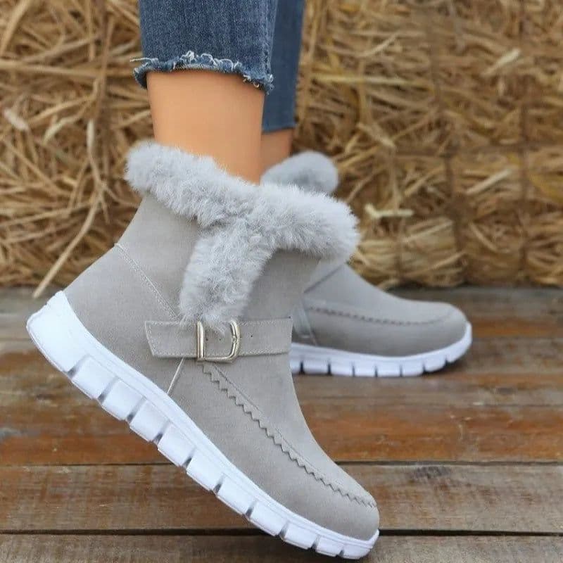 image-New Snow Boots Winter Warm Thickened Solid Color Plush Ankle Boots With Buckle Design Plus Velvet Flat Shoes For Women