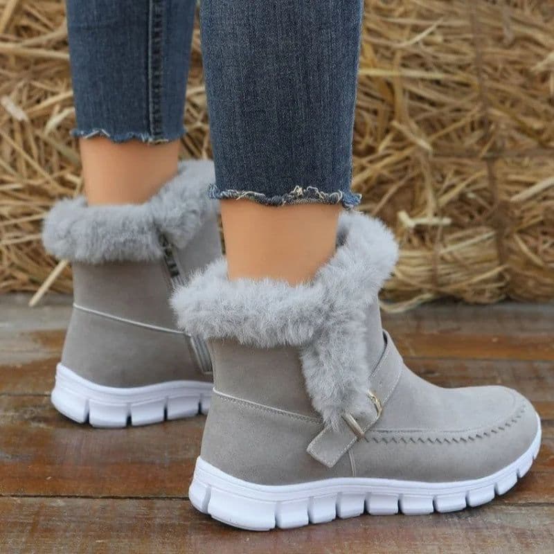image-New Snow Boots Winter Warm Thickened Solid Color Plush Ankle Boots With Buckle Design Plus Velvet Flat Shoes For Women